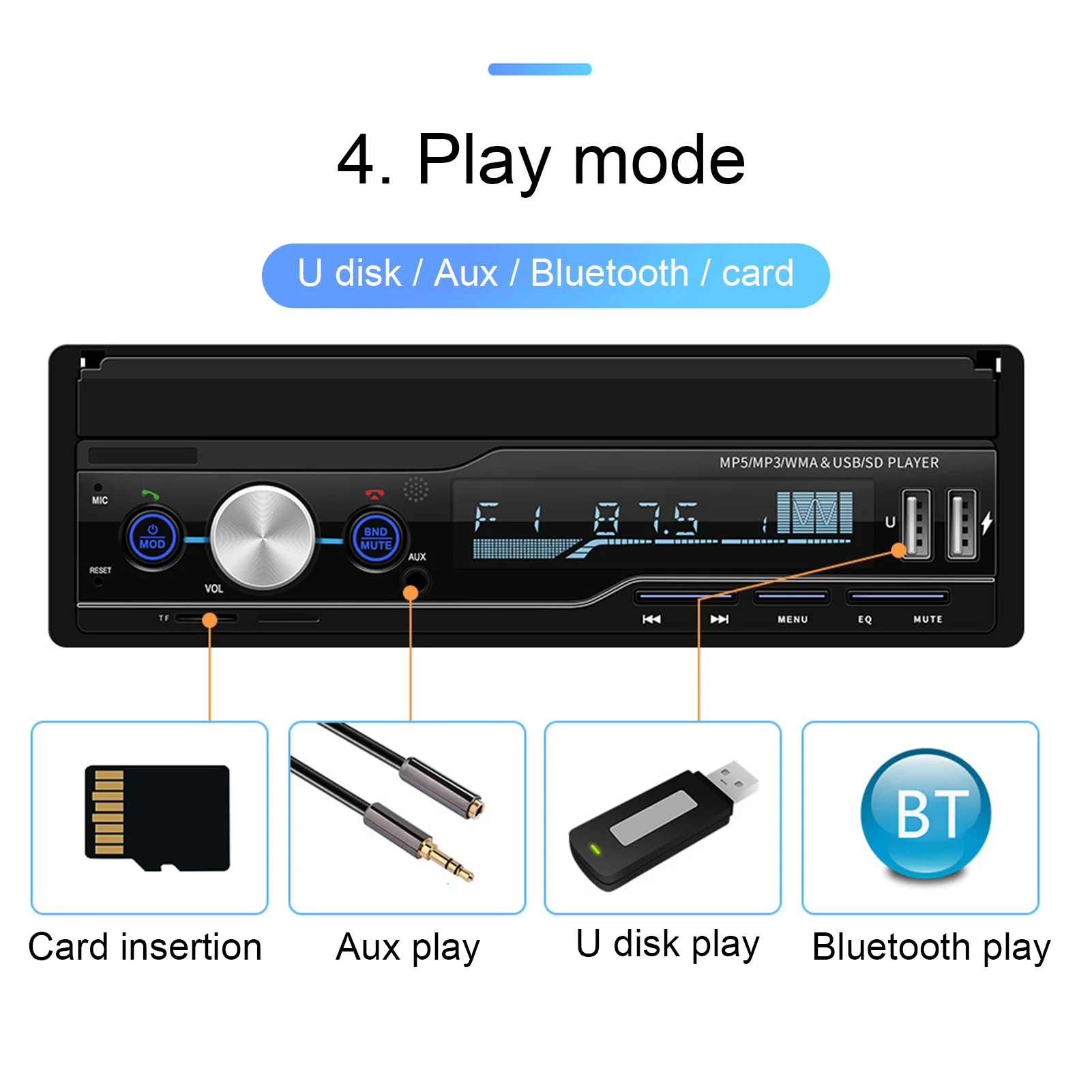 Zaťahovacie 7 Palcový Auto FM Rádio Volá Hudba Audio Video Bluetooth MP5 Prehrávač