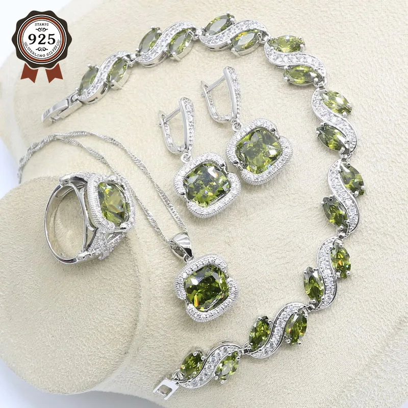 Zelená Peridot 925 Sterling Silver Šperky Sady Pre Ženy Náhrdelníky Náušnice, Prsteň Prívesok Náramky Darčekovej Krabičke