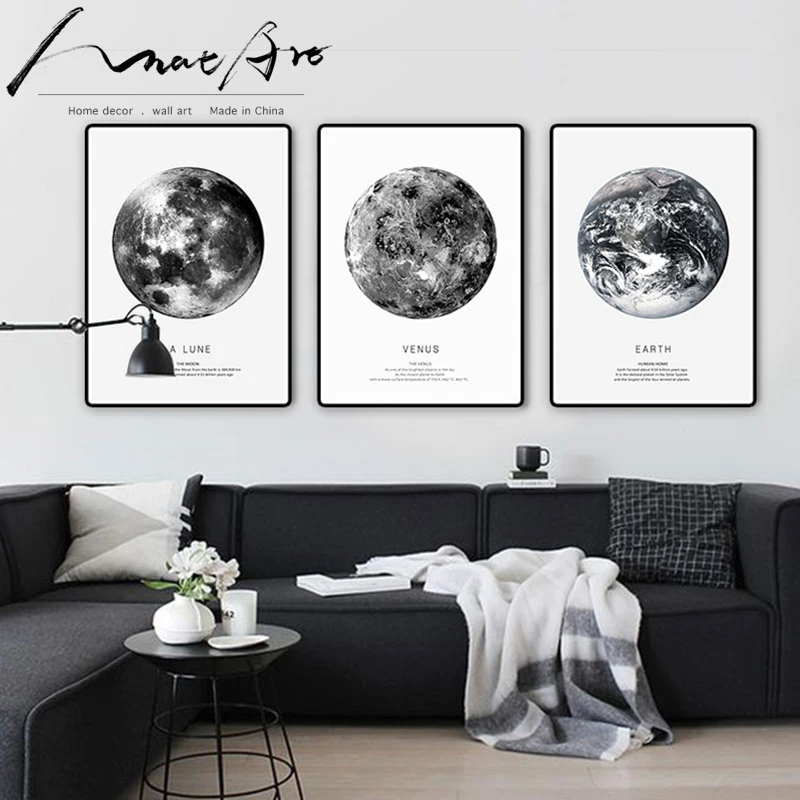 Zem Mars cuadros nordic plagát plátno umenie stenu vytlačí abstraktnej maľbe Black a white home decor 3 kus na obývacia izba