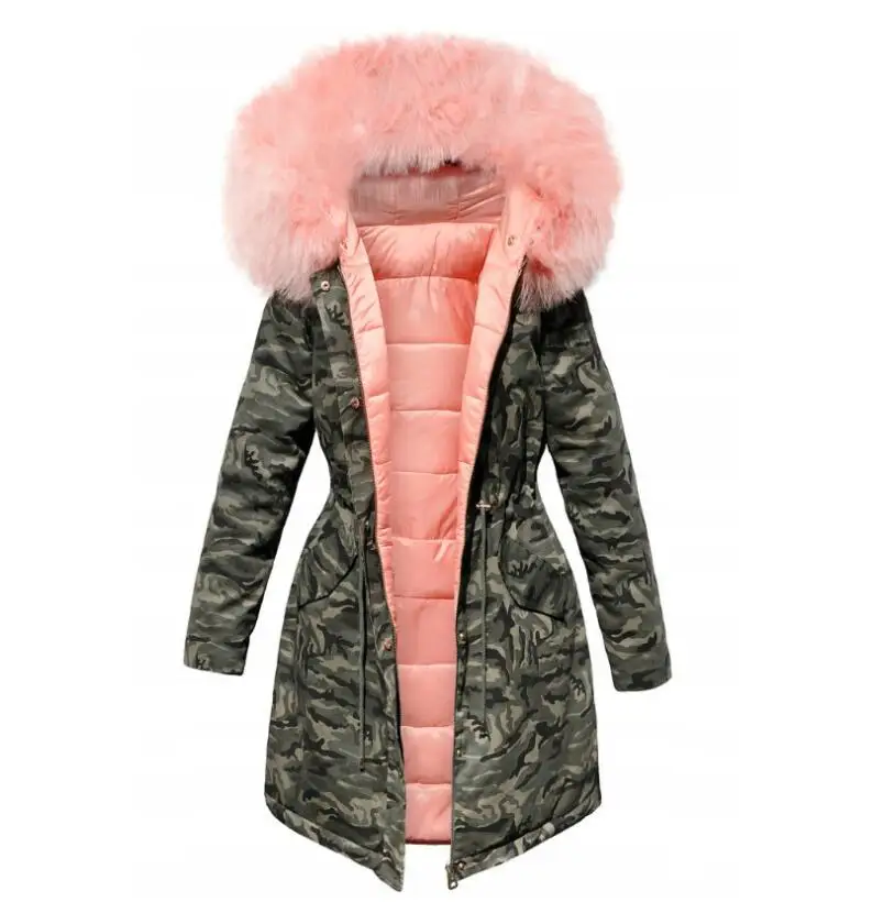 Zimné kapota Bunda Ženy Dlho Teplý Kabát Oblečenie Kamufláž Klobúk falošné Kožušiny Hood Plus Veľkosť