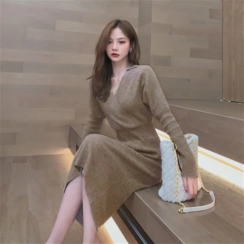Zimné Pletené Šaty Žien Slim Elegantné Office Sveter Šaty Žena 2020 Vrchné Oblečenie Tvaru Pevné Roztomilý Jeden Kus Oblečenia Kórejského