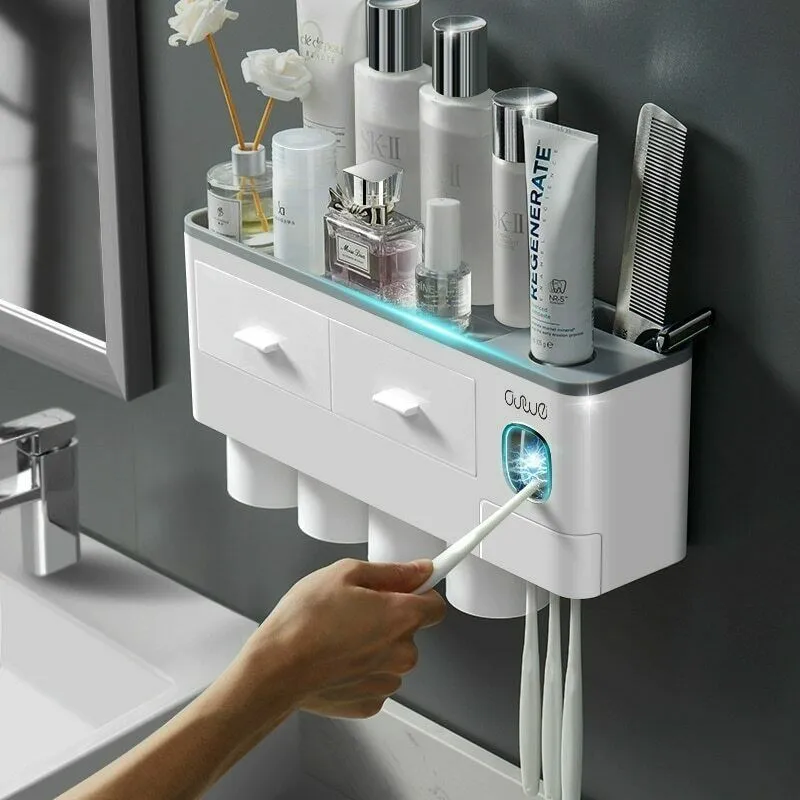 Zubná kefka Držiteľ Automatické zubná pasta Dávkovač S Cup Wall Mount toaletné Potreby Úložný Stojan Kúpeľňa Príslušenstvo Set pre Domáce