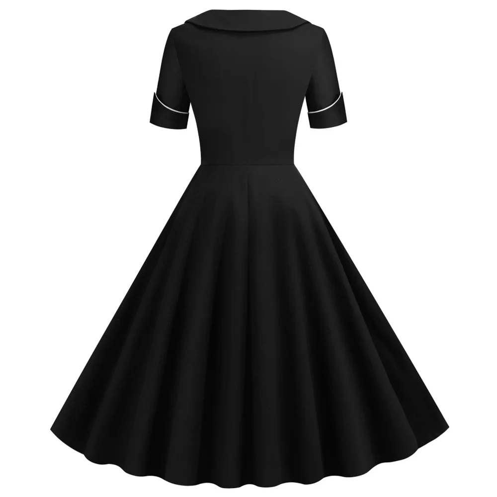 Čierna Rockabilly Šaty 40. rokoch 1950 Hepburn Tunika Ženy Retro 2020 Elegantné Tlačidlo Krátky Rukáv Dámske Vintage Bavlna Pin Up Šaty