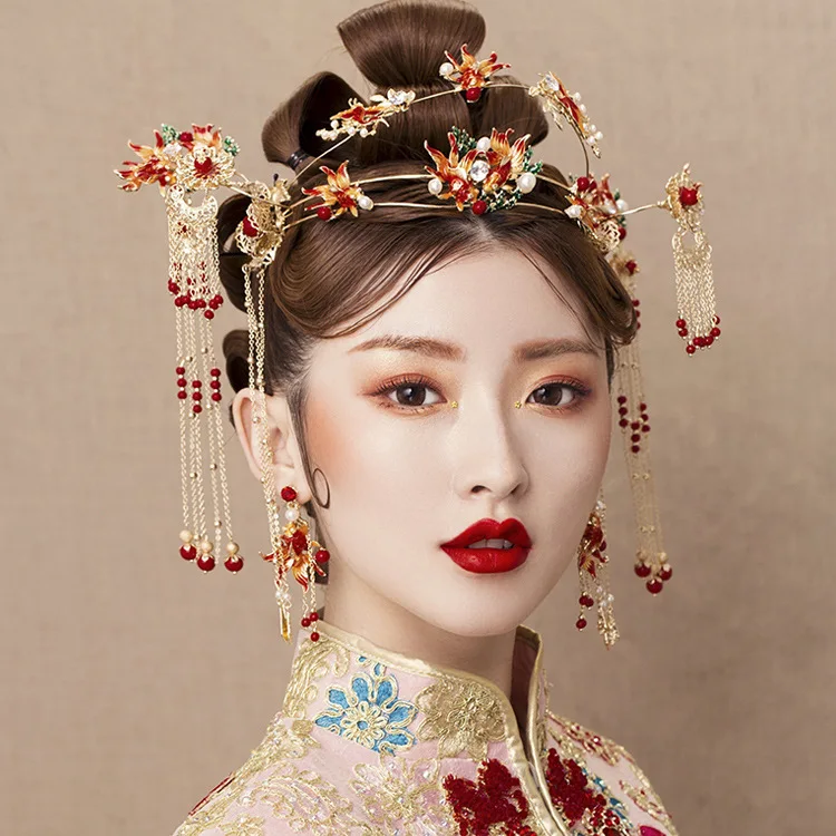 Čínskej nevesty červené dlhé tassle pokrývku hlavy lemovaný vlásenky náušnice svadobné doplnky do vlasov.