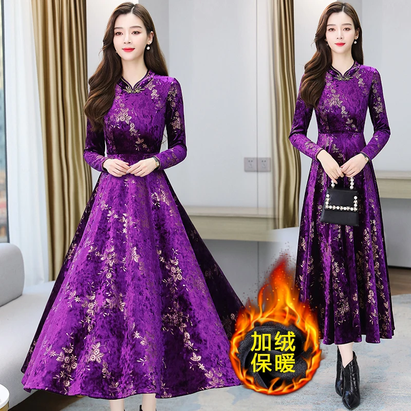 Čínsky Štýl Cheongsam Elegantné Ženy Vestidos 2020 Vintage Velvet Teplé Zahustiť Šaty Jeseň Zima Bodycon Strany Maxi Šaty
