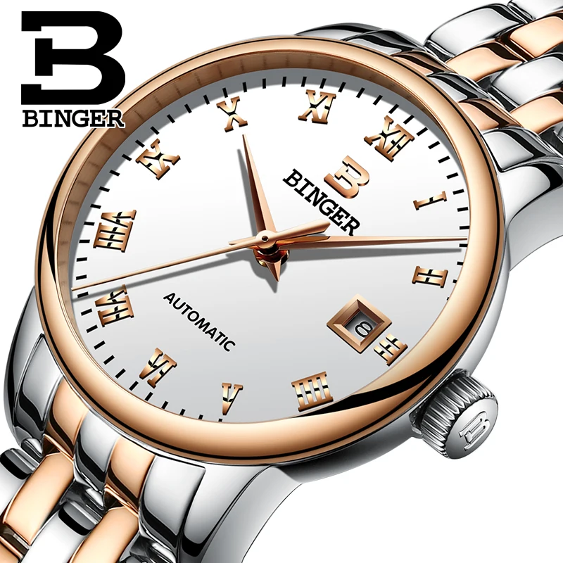Švajčiarsko Ženy Sledovať BINGER Luxusné Značky Automatické Mechanické Sapphire Hodiny Plné Oceľové Nepremokavé dámske hodinky B-5005L-5