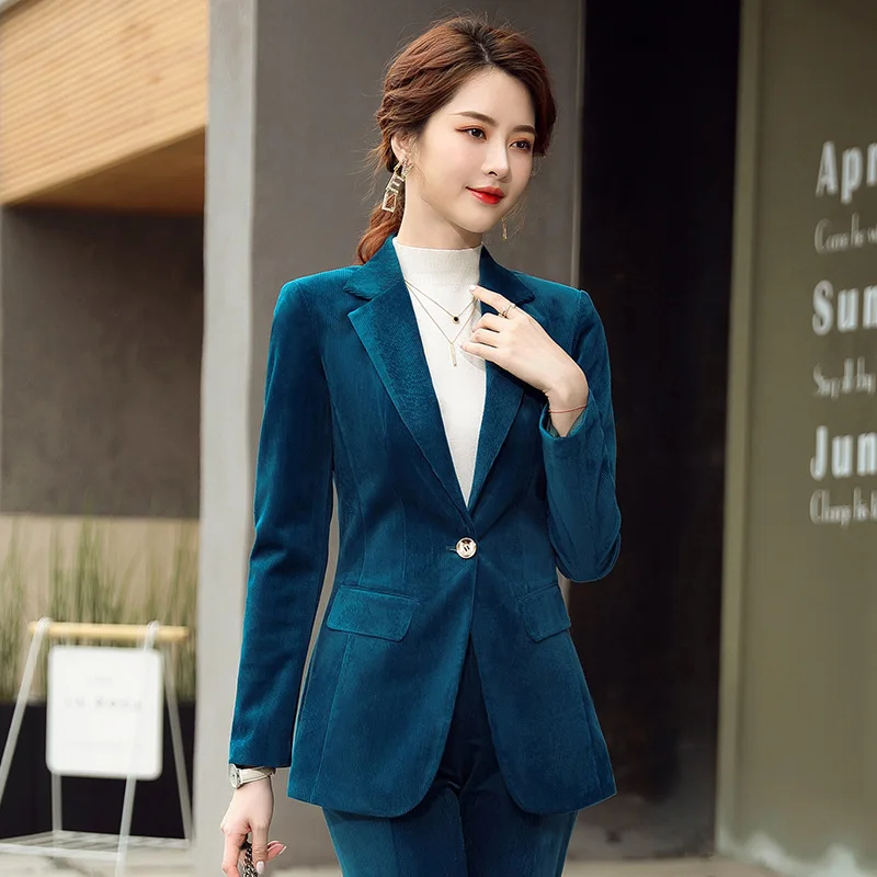 Ženské kórejský Business Office Nosenie 2 Dielna Sada Sako s Menčestrové Nohavice Nohavice Obleky pre Ženy Hnedá Žena Formálnych Nohavíc Oblek