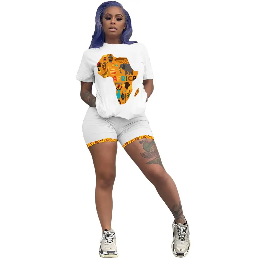 Ženské vytlačené dva-kus Afriky mapu kolo-krku-krátke rukávy T-košele a šortky nastaviť -- nové letné módy tepláková súprava 2020