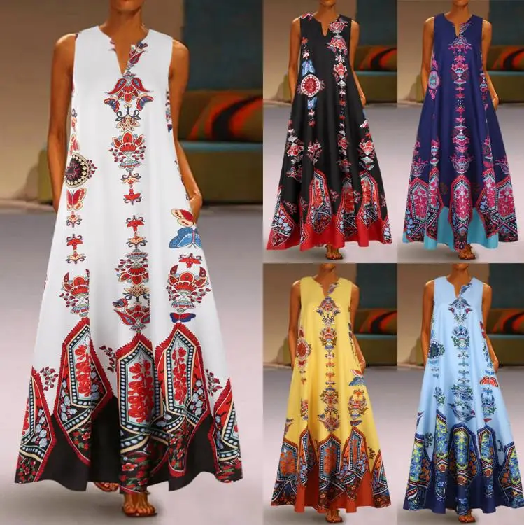Ženy Bez Rukávov Šaty 2020 Tlač Sexy Šaty Bežné Vintage Voľné Letné Sundress Dlho Maxi Šaty Nádrž Vestidos Plus Veľkosť