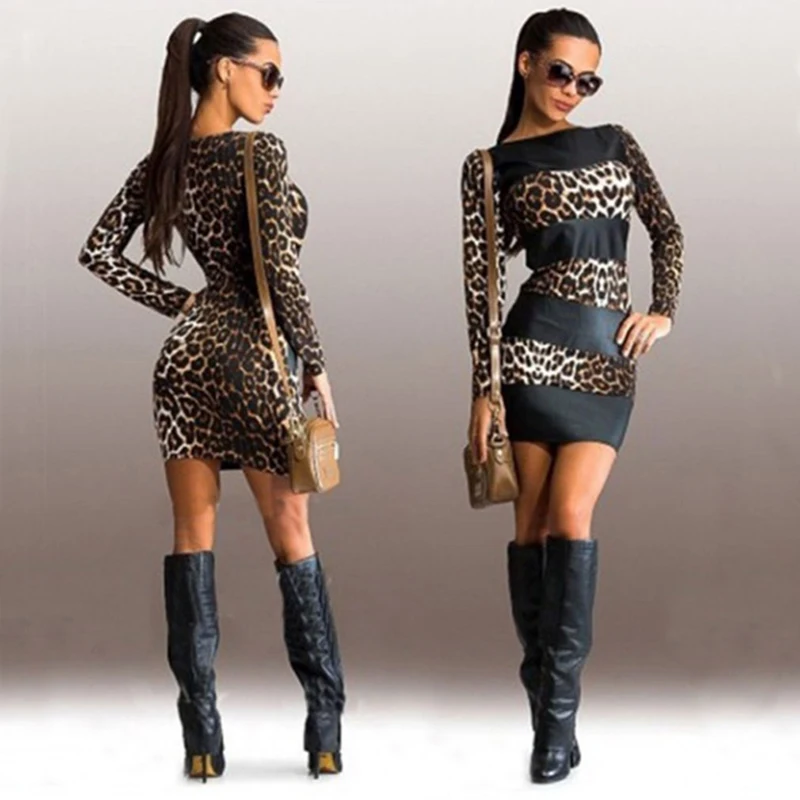 Ženy Bodycon Šaty, Sexy Leopard Kožené Spájať s Dlhým Rukávom O-krku Mini Klub Šaty Lady Klub Večer Party Šaty Vestdos