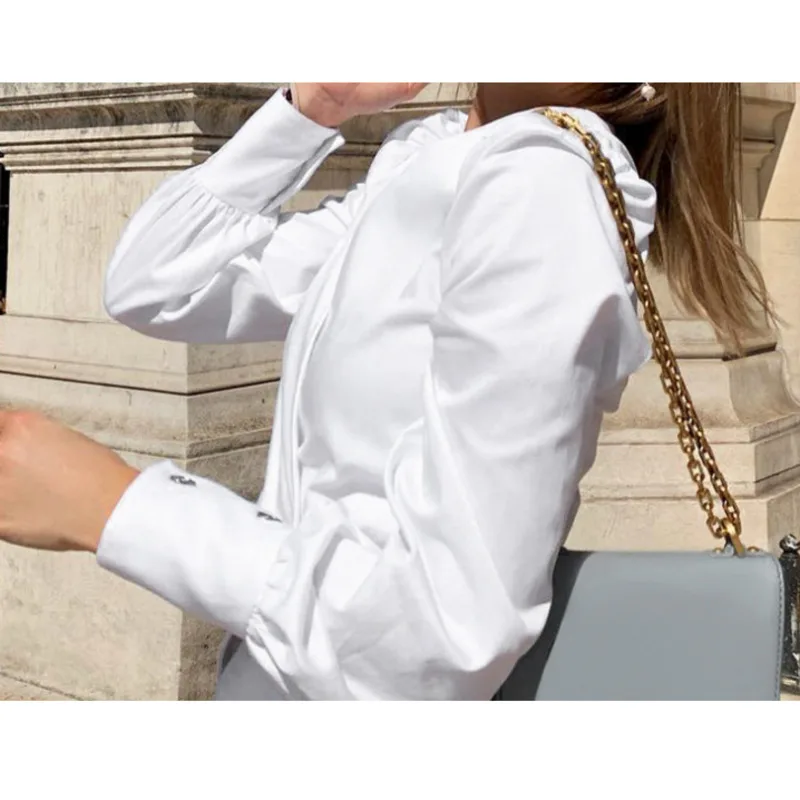 Ženy Elegantné Pevné Dlhý Rukáv, Blúzky, Ženy, Blúzky, Tričko Retro Vintage White V Krku Žena Blúzky Lístkového Bežné Blusa Mujer 2020