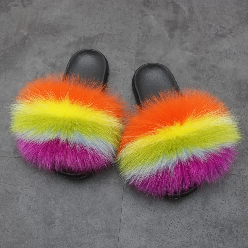 Ženy Fox Vlasy, Papuče Lete Chlpaté Topánky Rainbow Multi color Ženy Papuče Reálne Fox Kožušiny Luxusné Listov Veľké Veľkosti, 36-45