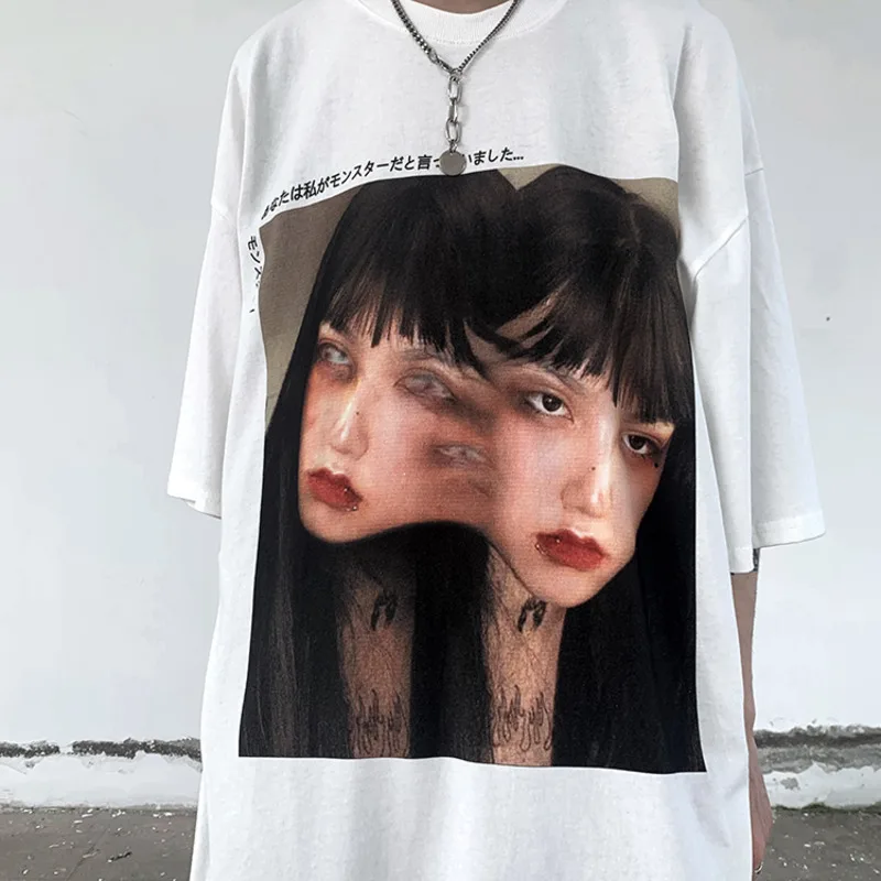 Ženy, Gotické Oblečenie Horor Fujiang Znak Tlače T-shirt Harajuku Krátky Rukáv Voľné Tričká Estetické Streetwear Plus 2XL