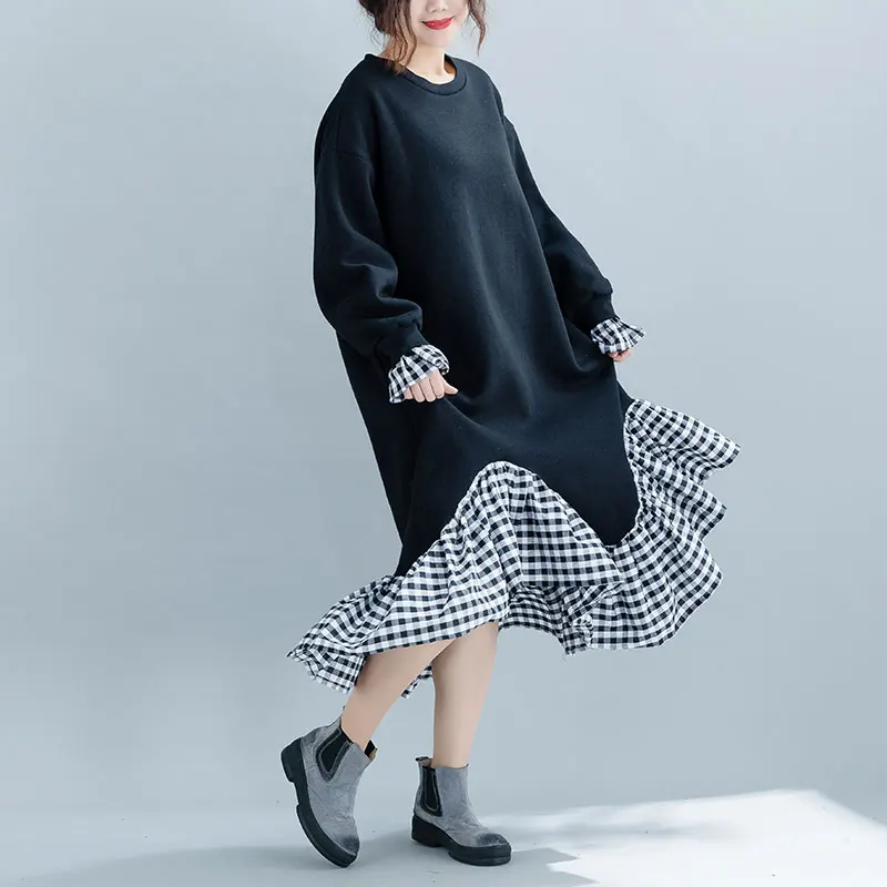 Ženy Kórea Velvet Mikina Šaty Plus Veľkosť Falošný Patchwork Dve Kus Oblečenia Bavlna Femme Voľné Volánikmi Polovici Teľa Šaty 2018