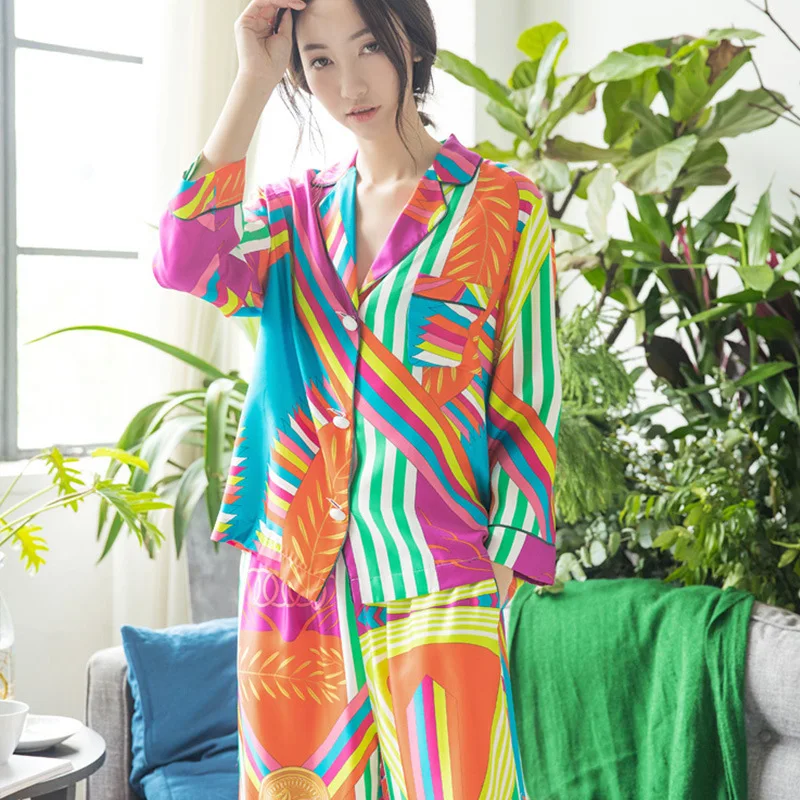 Ženy Opäť Hodvábne Pyžamo Jar Kórejský Módne Sleepwear Plus Veľkosť Sveter S Dlhými Rukávmi Set 2 Ks Sexy Saténové Pyžamá