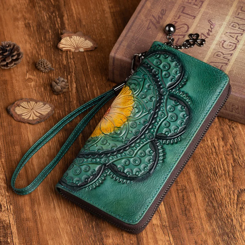 Ženy peňaženky pravej kože Čínsky štýl, kvet, zelená spojka peňaženky elegantné ruky štetec-off prírodná koža zips dlhé kabelku