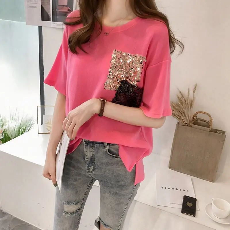Ženy sequined topy lete veľké veľkosť T-shirt kórejský príležitostné voľné lesklé-krátke rukávy t-shirt žena topy tričko