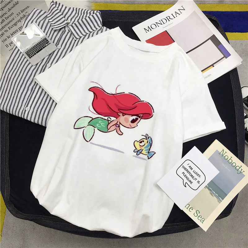 Ženy T-shirts Roztomilý Princezná Málo Kawaii Morská víla Legrační Karikatúra Tlače O Krk 2020 Letné Krátke Harajuku Streetwear Top Oblečenie