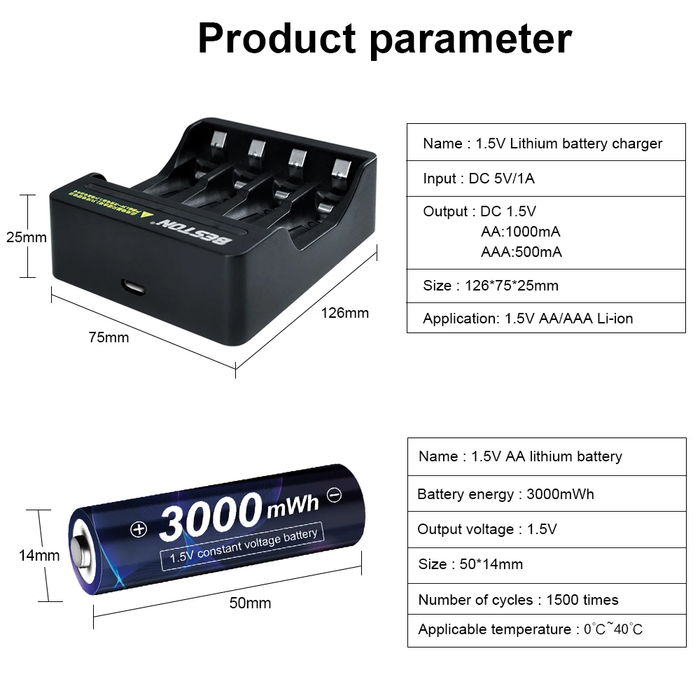 1.5 V AA Nabíjateľné Batérie Lítium Li-ion batéria AA 1,5 V Batéria 3000mAh 2A Vopred nabitá Bateria nízke samovybíjanie AA Batérie