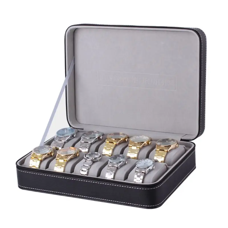 10 Slotov Pozerať na Zips, Cestovný Box Kožené Displej Prípade Organizátor Šperky Skladovanie J78F