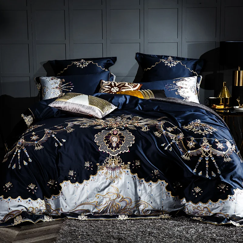 1000TC Egyptskej bavlny Modrá Fialová posteľná bielizeň Nastaviť Luxusné Kráľovná King size Posteľ list nastaviť Výšivky Perinu parure de lit adulte