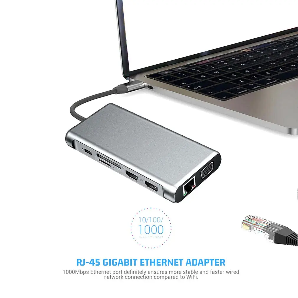 12 V 1 USB Typu C HUB Dual kompatibilný s HDMI Ethernet USB 3.0, Audio Jack Viacportová 4-port Adaptéra USB HUB pre MacBook