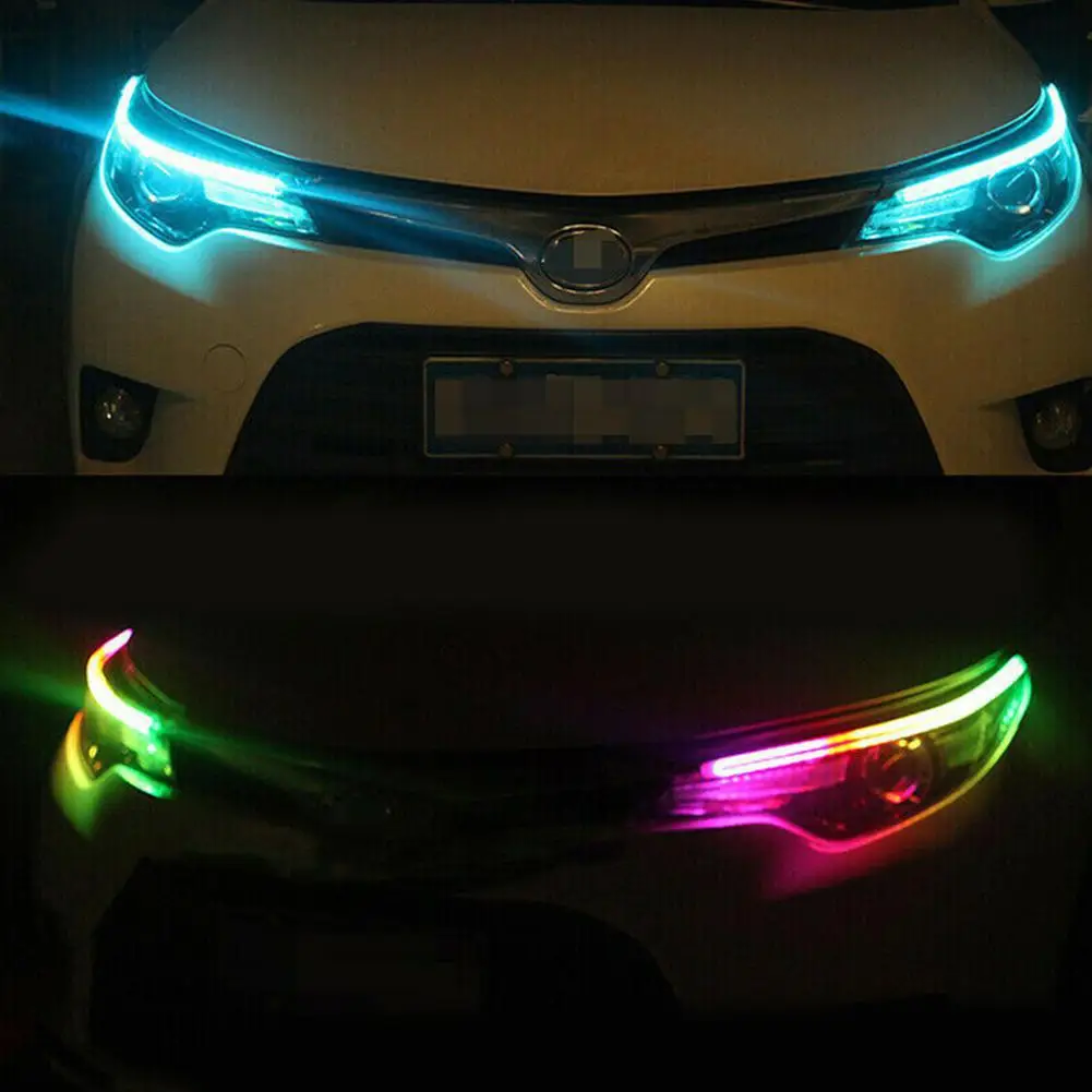 2 ks Auto Sekvenčné Tečie RGB Denných prevádzkových Svetla DRL APLIKÁCIA Multi Farebné LED Svetelné Pásy Zase Signálne Svetlá Pre Svetlometov