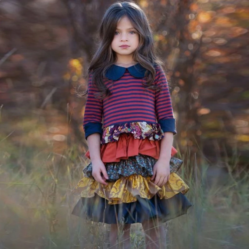2019 NOVÉ MODULY Dievčatá Módne Šaty Kvetinový Pastoračnej Štýl Prekladané Dlhým rukávom Šaty Anglicko Sladká Princezná Pre 3-12 ročná
