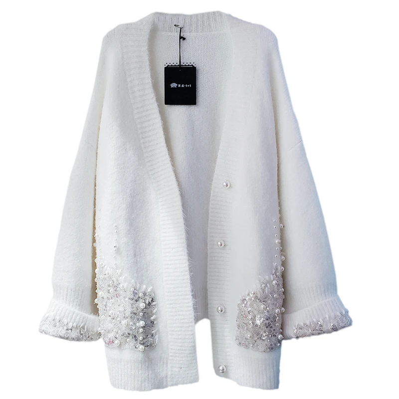 2020 jeseň nový Európsky nechtov pearl Sequin noriek sveter voľné stredná dĺžka cardigan