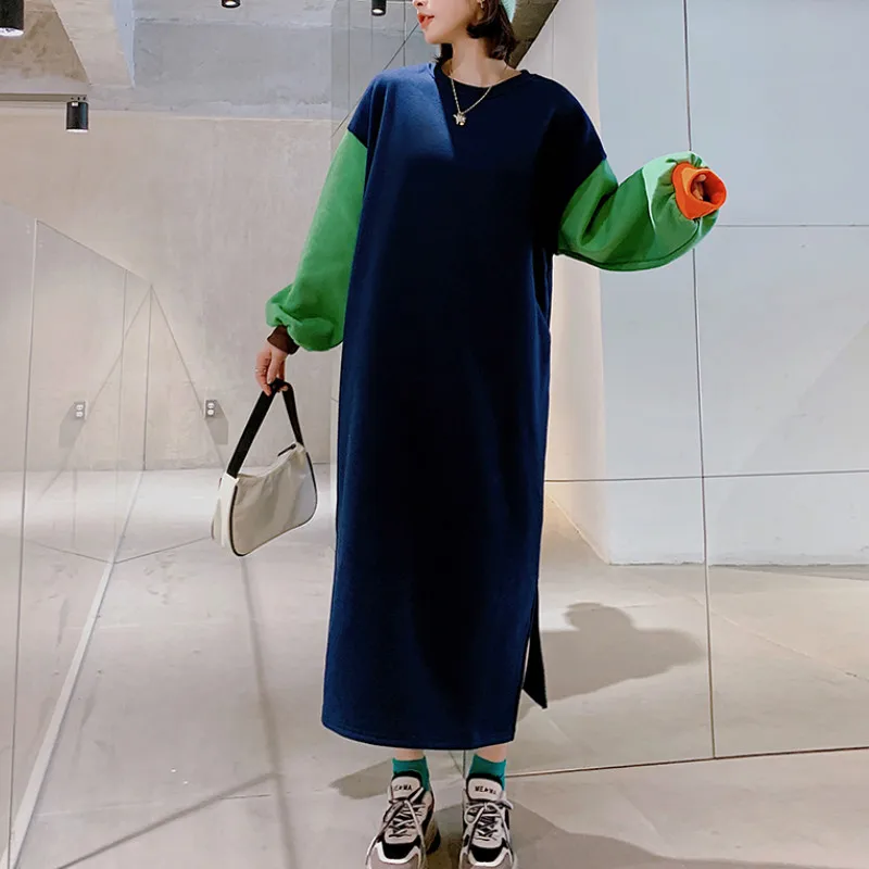 2020 Jeseň Zima Crewneck Mikiny Ženy Plus Veľkosť Štrbiny Pacthwork Dlho Kórejský Šaty Bežné Velvet Fleece Teplé Voľné Oblečenie