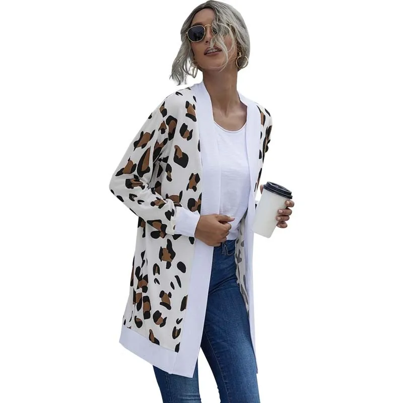 2020 Jeseň Zima Leopard Tenké Pletený Sveter Kabát Ženy Dlhý Rukáv Plus Veľkosť Módne Vintage Vesty Žena Dlho Cardigan
