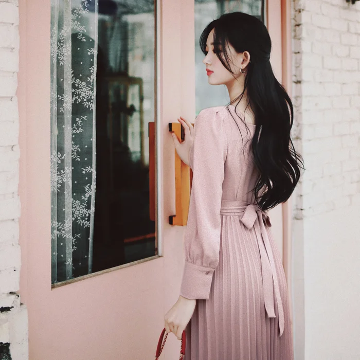 2020 Jeseň Ženy Khaki Námestie Krku Krídla Skladaný Šaty Elegantné Jar Kórejský Lady Príčinné Dlhé Ružové Sexy Party Šaty Vestidos