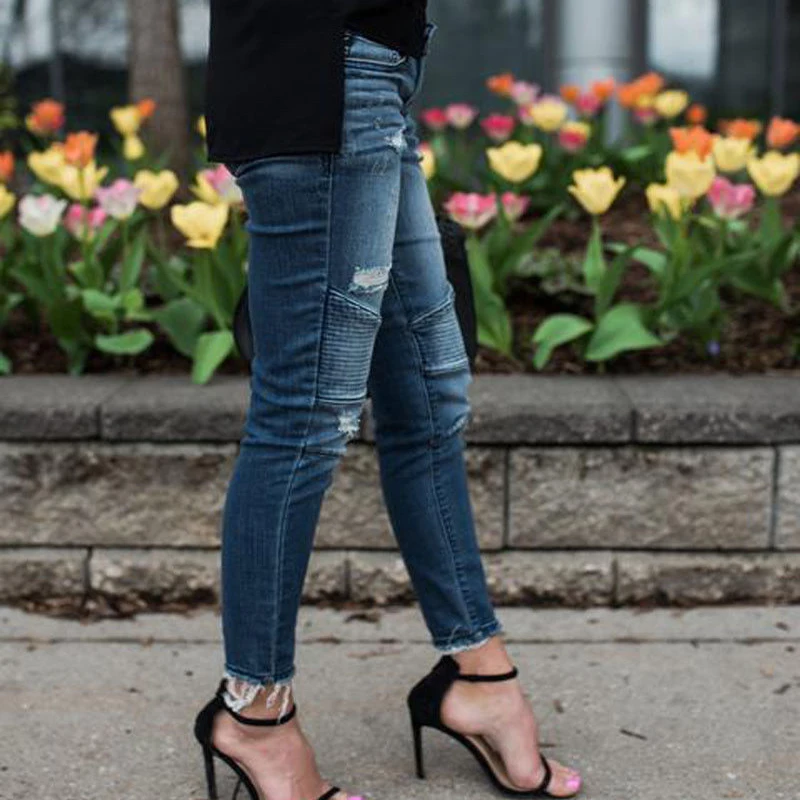 2020 nové jar a na jeseň ženy džínsy tesné nohavice s otvormi a vrásky elastické džínsy slim ceruzkou nohavice pre voľný čas roztrhané džínsy