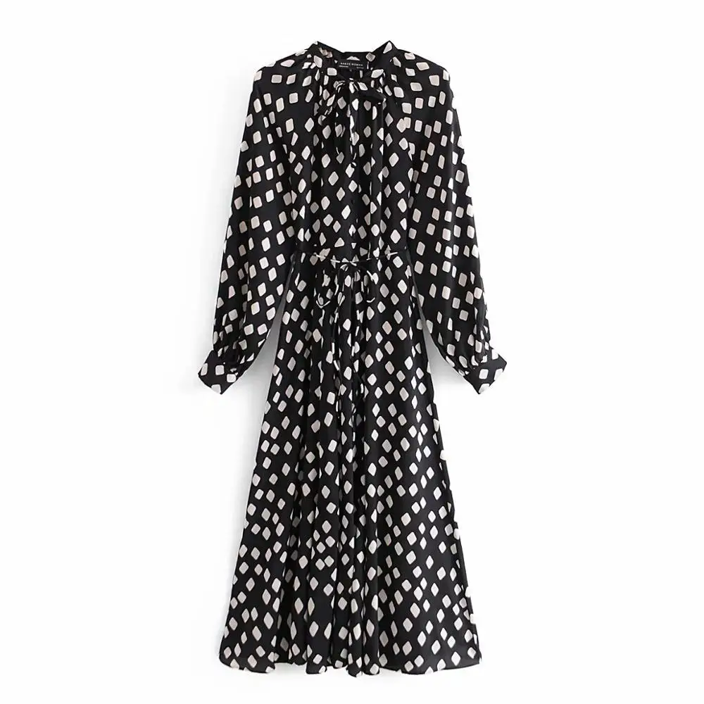 2020 Nové Jeseň Zima Ženy Šaty Black Vytlačené Dlhé Rukávy tvaru Šaty Elegantné Módne bežné Midi Šaty pre Ženy