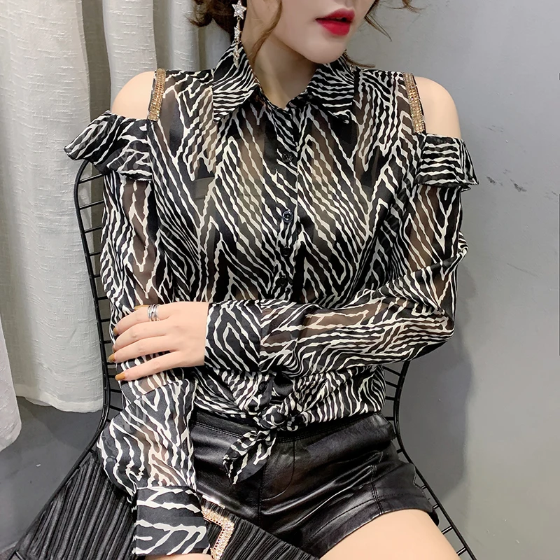 2020 Nové Letné Kórejské Oblečenie Sexy Vytlačiť, Ramenný Diamanty Blúzka Womon Šifón Tričko Ženy Tlačidlo Dlhý Rukáv Topy T02507