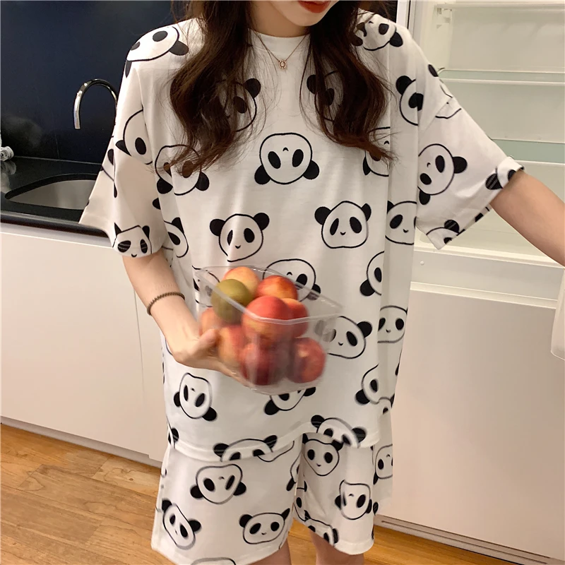 2020 Panda Tlač Letné Pyžamo Pre Ženy Cartoon oblečenie pre voľný čas Dievčatá Potu Cute Pyžamo Voľné Sleepwear T-Košele a Šortky 2 Nastavte