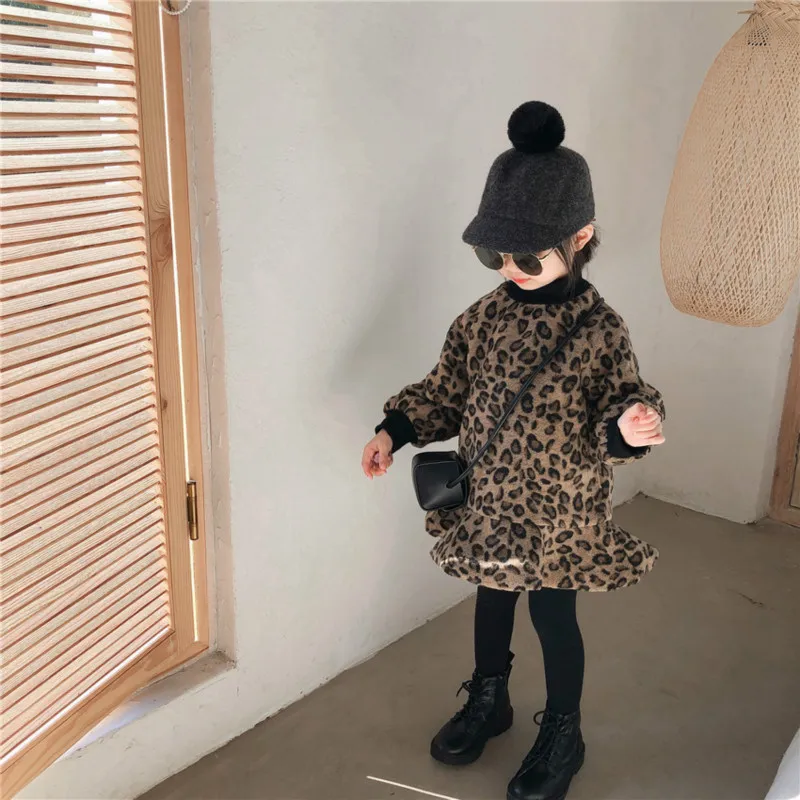 2020 Zimné Dievčatá Nové Dieťa s Velvet Thickeded Dlhý Rukáv Leopard Bavlna Princezná Šaty Batoľa Rybí Chvost Šaty