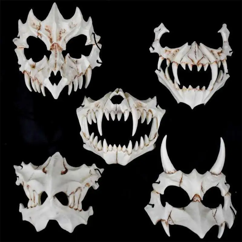 2020 zvieracie Masky Dlhé Zuby Demon Samuraj Biele Kosti Maska Tengu Dragon Yaksa Tiger Živice Maska Cosplay Halloween Príslušenstvo