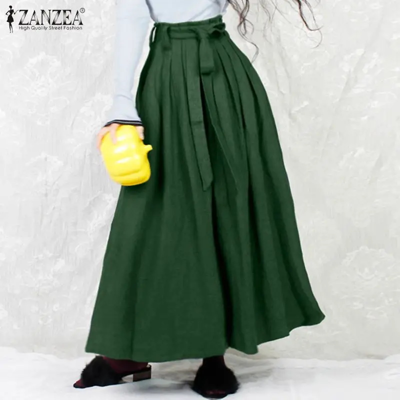 2021 Dámske Vintage Pevné Sukne, Elegantné Skladaný Mujer Faldas Žena Vysoký Pás-Belted Spodnej ZANZEA Módne Dlhé Maxi Sukne