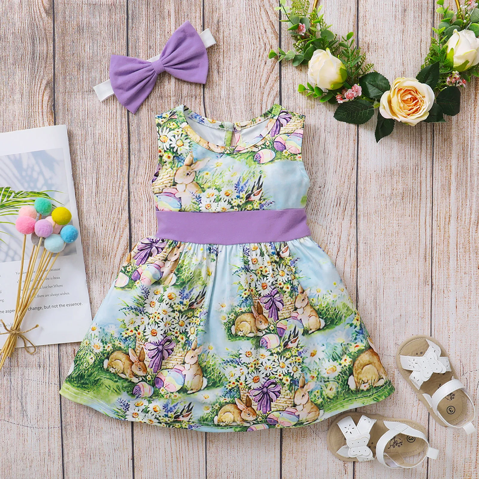 2021 Nové Veľkonočné Deti, Oblečenie Pre Dievča Novorodenca Batoľa Veľkonočné Dievča Šaty S Hlavovým Oblúkom Bez Rukávov Kvetinový Bunny Dievča Oblečenie