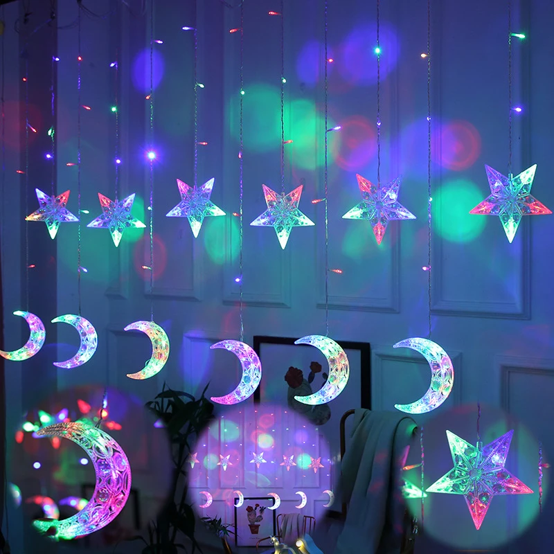 220V EÚ LED Star Mesiac Vianočné Girlandy String Rozprávkových Svetiel Opony Vonkajšie Svetlá Pre Xmas Party Záhrada Svadobné Dekorácie