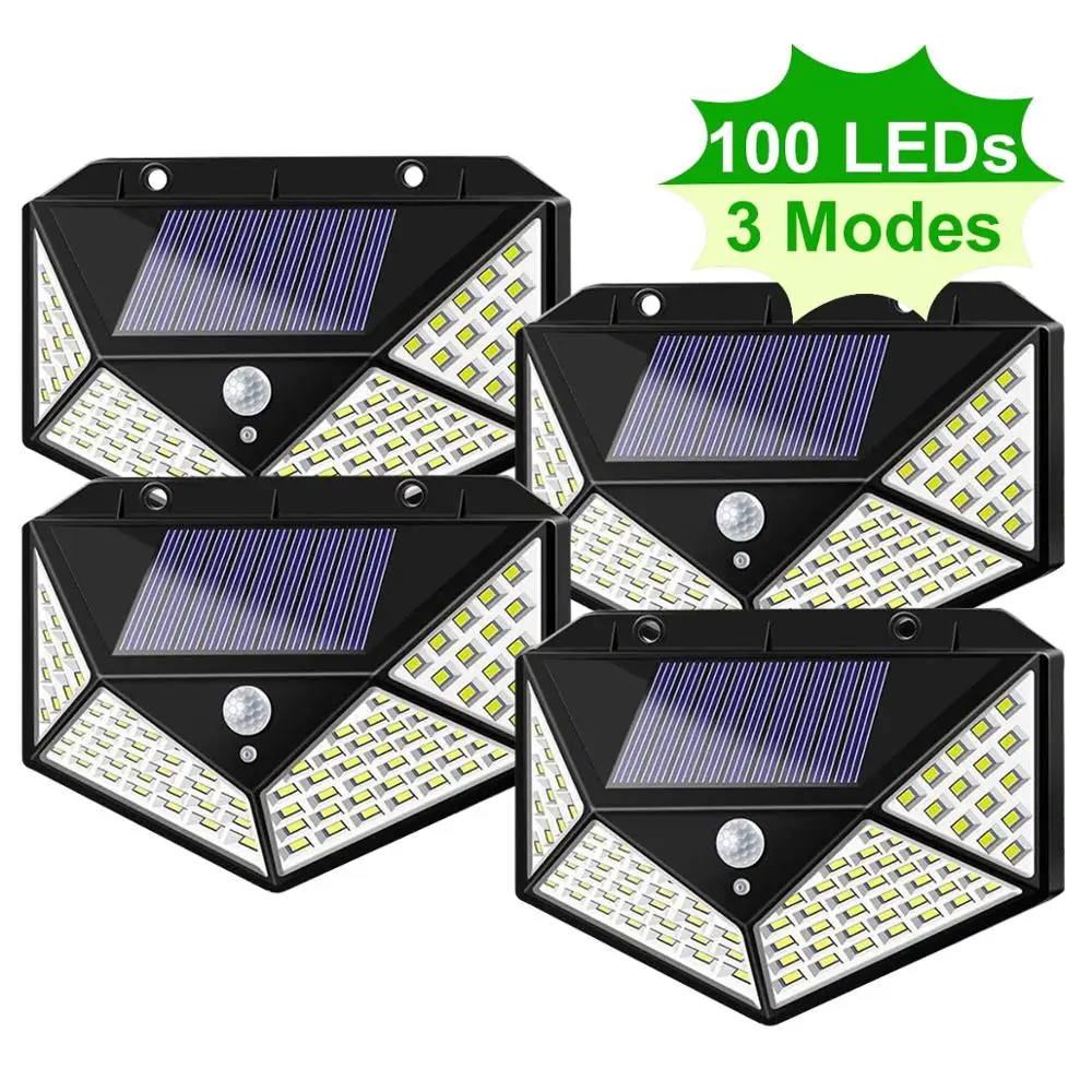 3 Režimy 100 LED Solárne Svetlo Vonkajší Snímač Pohybu Nástenné svietidlo Solárna Lampa Napájaná Slnečným svetlom, Vodotesné Street Light pre Záhradu