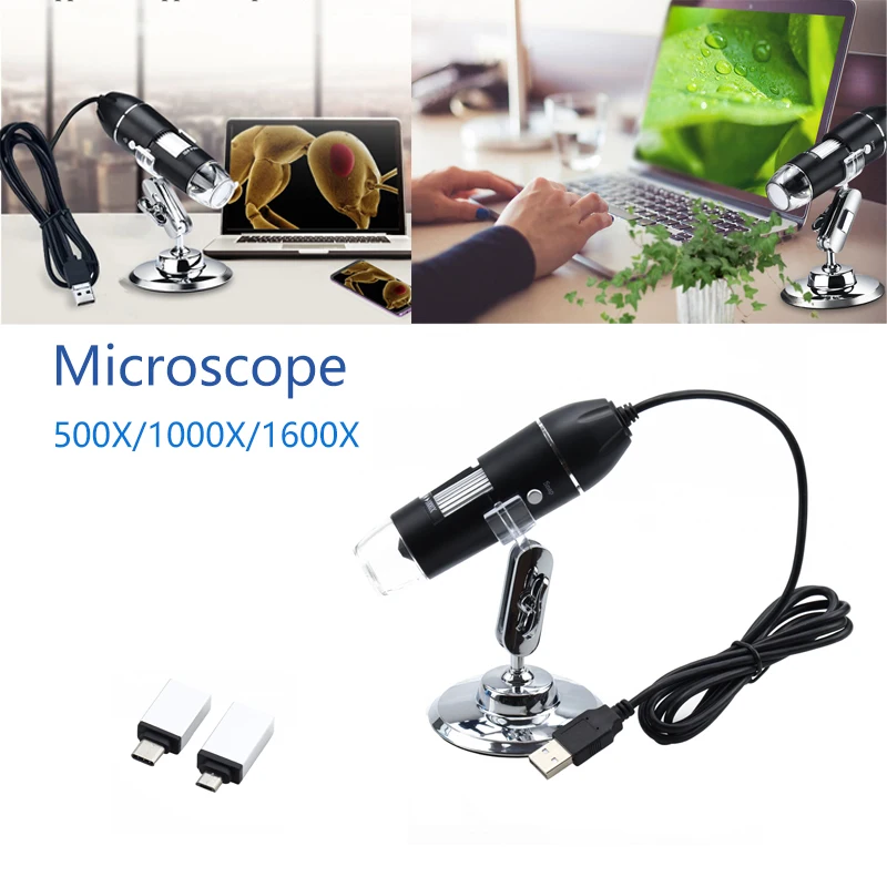 3-v-1 Digitálny Mikroskop 1600X/1000X 500X Prenosné Dva Adaptéry, Podpora Windows Android Telefóny zväčšovacie sklo Elektronický Mikroskop