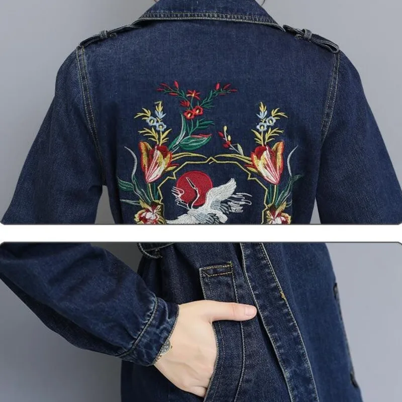 #3322 Dlho Denim Jacket Ženy S Pásom Kvetinové Výšivky Dvojité Breasted Vintage Jeans Bunda Dámy Denim Elegantný Kabát Na Jar