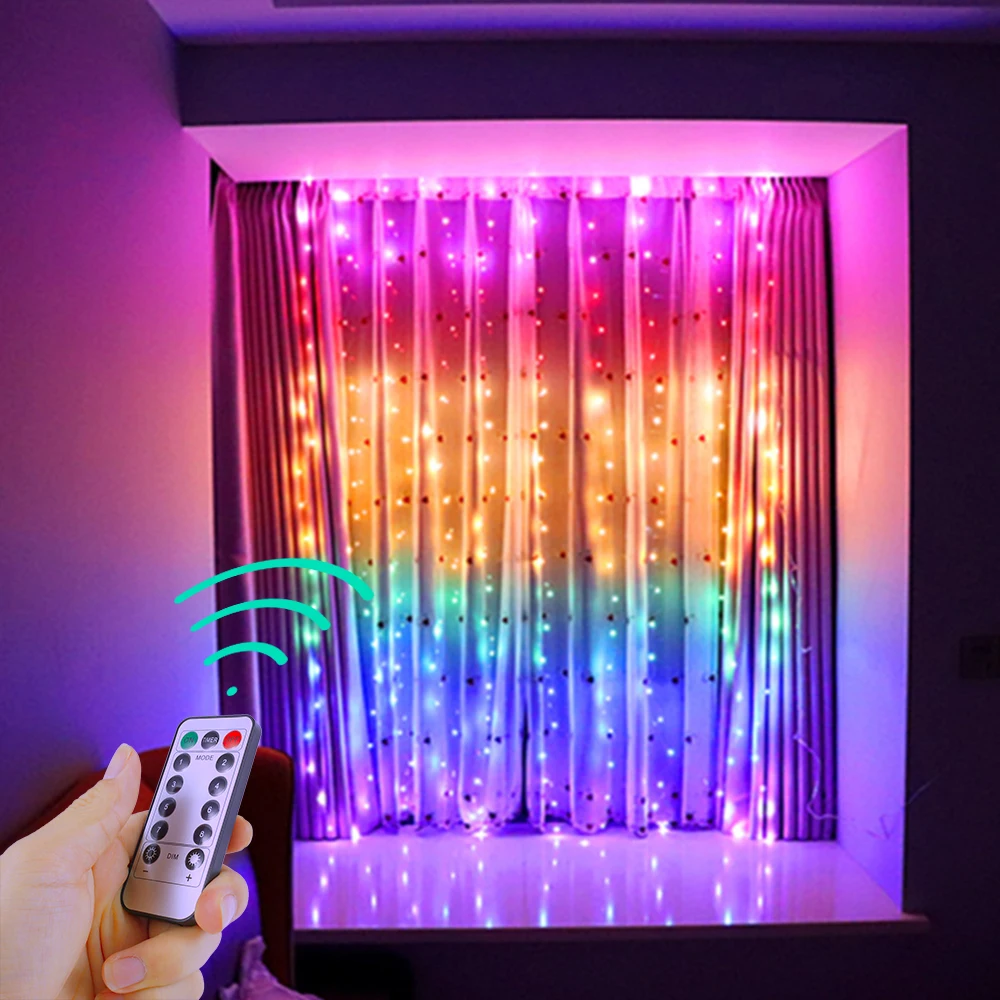 3x3M Rainbow Opony String Svetlá, Svetlá Izba Dekor 8Modes Vodotesný LED Záves Rozprávkových Svetiel Stenu Garland s Háčikmi Diaľkové