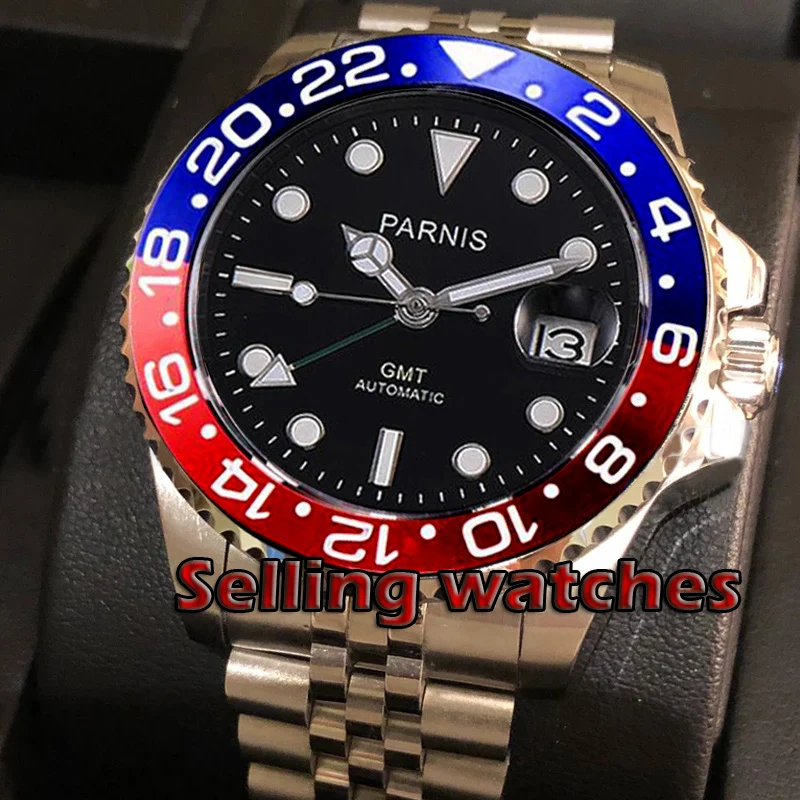 40 mm PARNIS black dial rámu Pracovné Bracele Sapphire crystal dátum Zelená GMT automatické pánske hodinky Mechanické hodinky