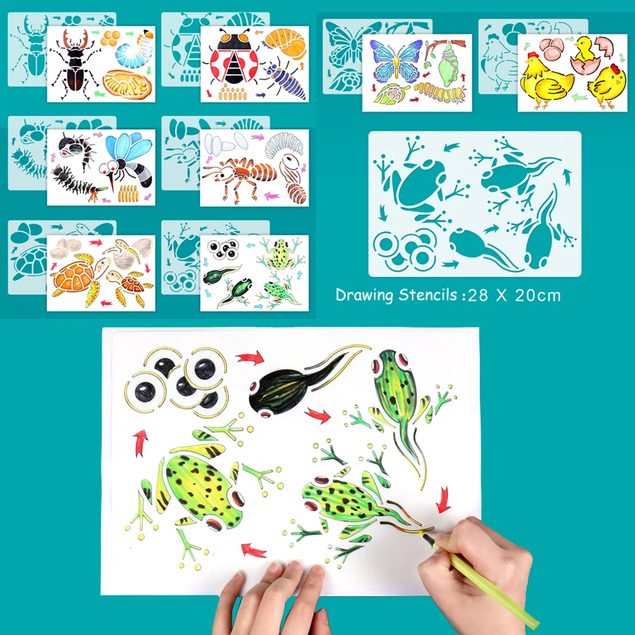 4pcs Montessori Zvieratá a Rastliny, Motýľ, Lienka FrogJellyfish Slnečnice životného Cyklu Kreslenie, Maľovanie, Stencil Vzdelávacie Hračka