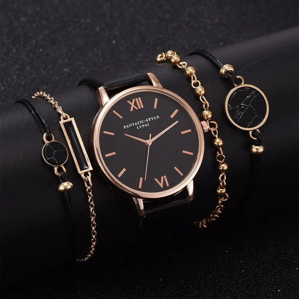 5 ks Set-Top Štýl, Módne dámske Luxusné Kožené Kapela Quartz Analógové Náramkové hodinky Dámske Hodinky Ženy Šaty Reloj Mujer Black Hodiny