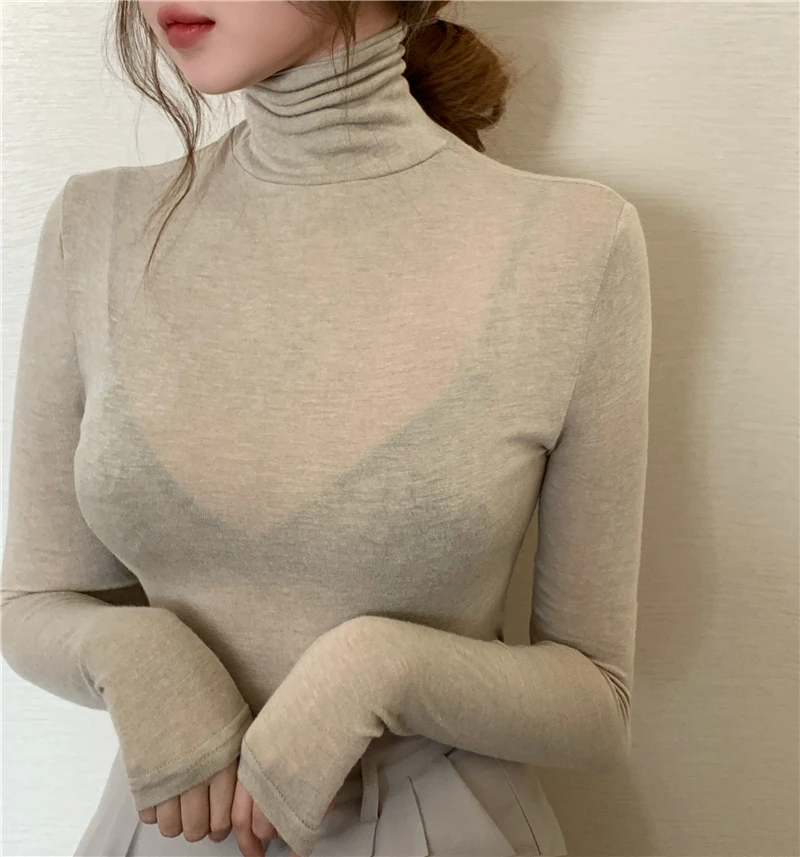 6 farby jesene kórejský štýl ženy zrastov slim topy breif malé turtleneck dlhý Rukáv t-shirt Dámske Tričká tričko femme (R99441)