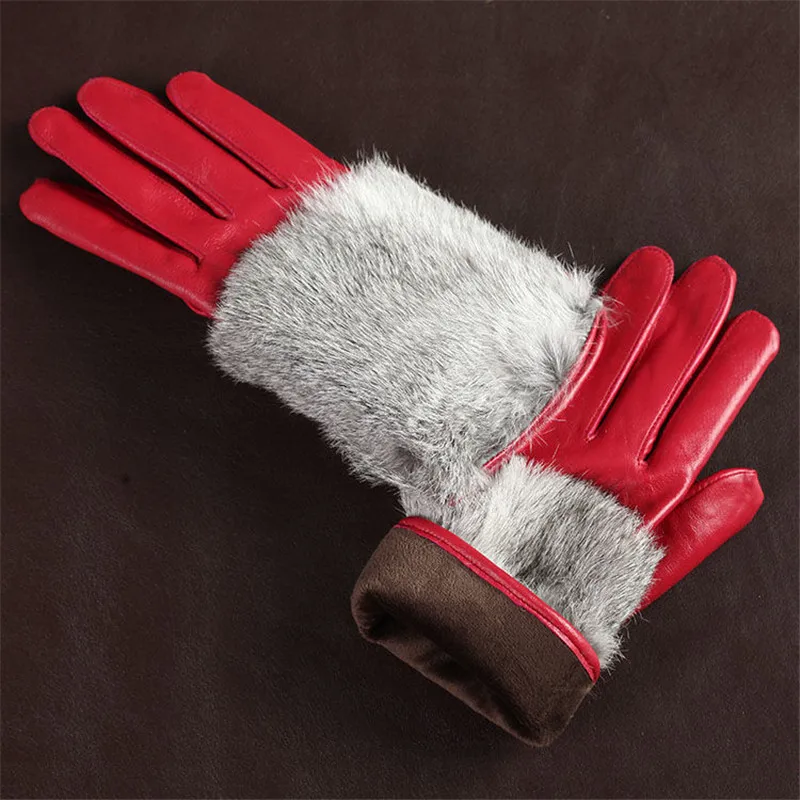 7 farby reálne králik kožušiny ženy rukavice zimné tepelné ovčej originálne kožené rukavice vysokej kvality